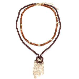 Layered Wood Bead Pendant Necklace