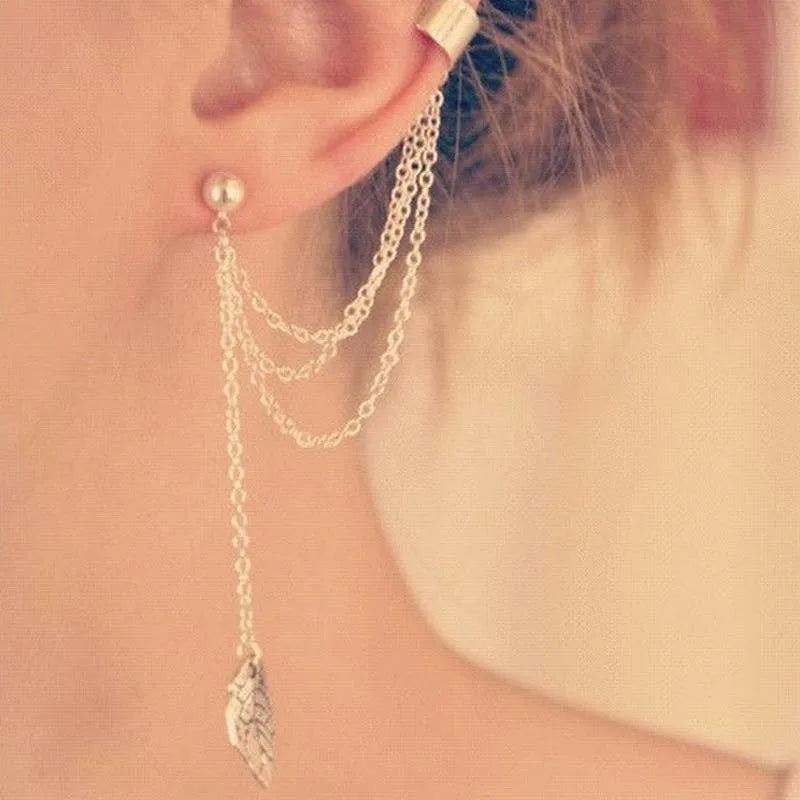 Personality Leaf Tassel Clip Earrings for Women Ear Cuff Bijoux
