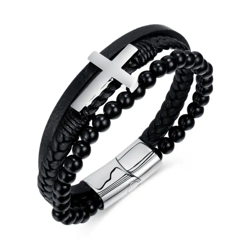 Leather Hand-woven Accessory Bracelet Cross Men's 8.26inch