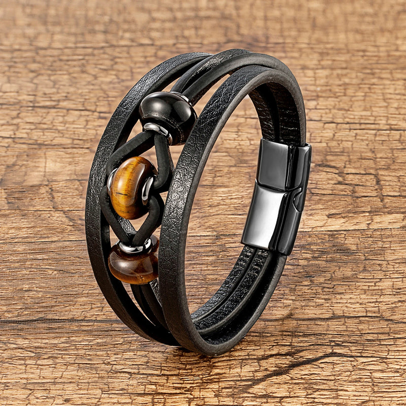 Natural Stone Crystal Bracelet Charm Leather Men's Bracelet