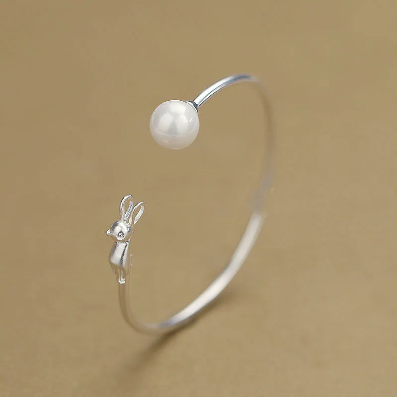 Cat Pearl 925 Sterling Silver Open Bracelet