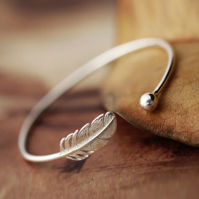 925 Silver Feather Open Bracelet