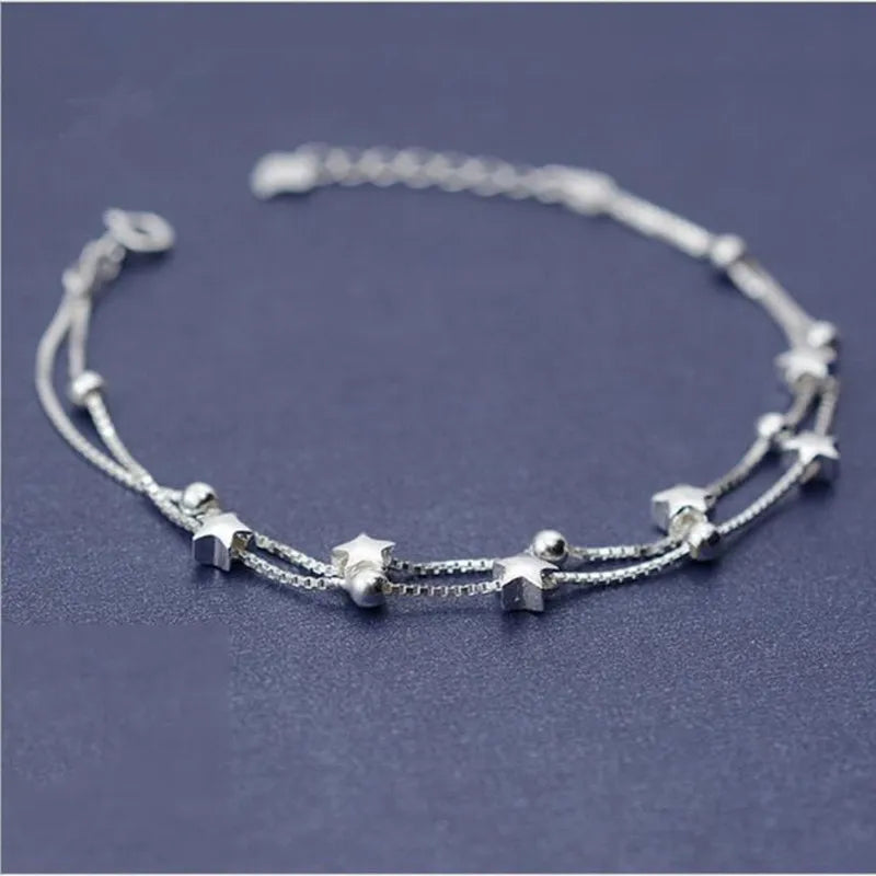 Personality 925 Silver Female Bar Double Star Bracelet