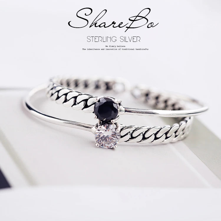 Geometric Zircon Sterling Silver Open Bracelet
