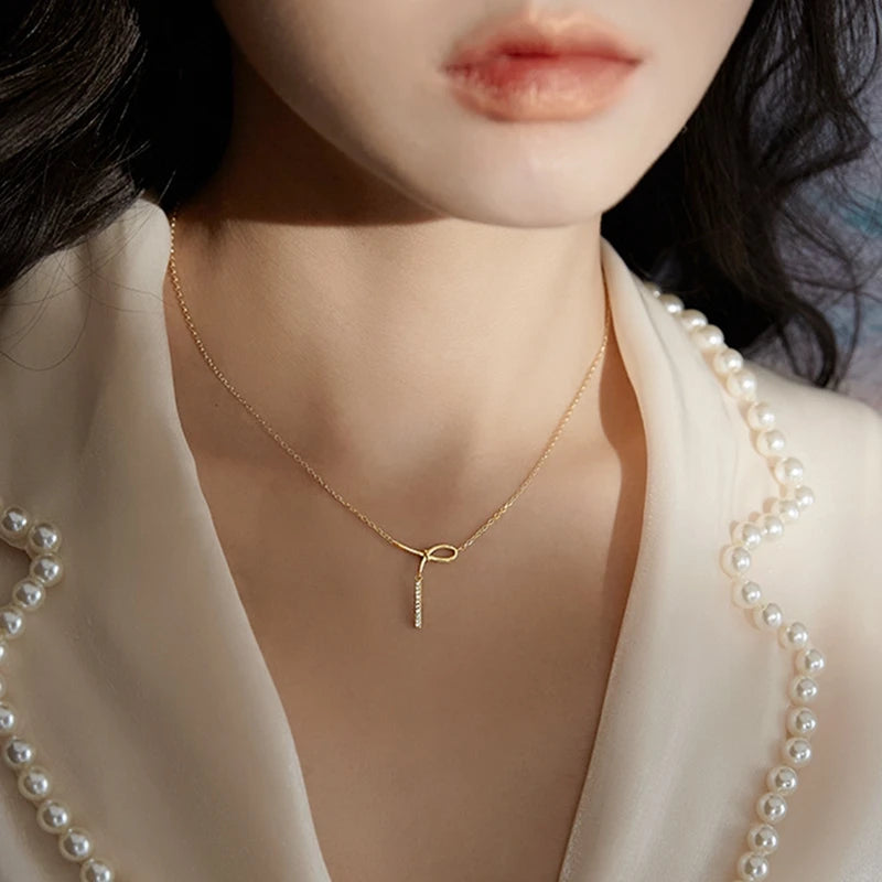 Geometric Pendant Tassel Necklace with Zircon Silver Chain
