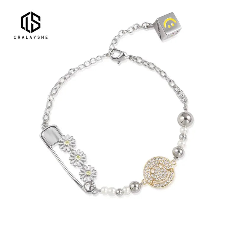 Vintage Stainless Steel Smiley Daisy Dice Bracelet