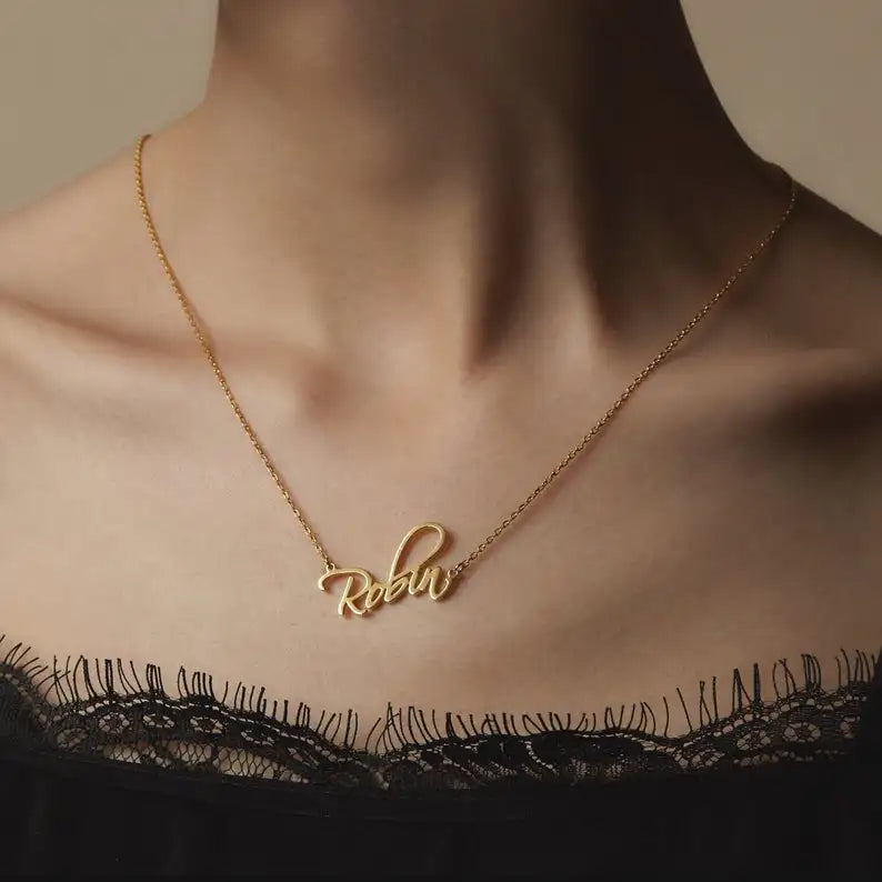 Golden Cursive Letter Necklace Stainless Steel Pendant