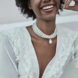 Multi-layer beaded necklace with pearl pendant for women
