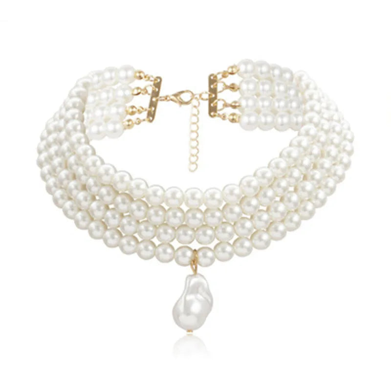 Multi-layer beaded necklace with pearl pendant for women