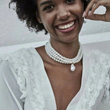 Multi-layer beaded necklace with pearl pendant for women