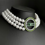Sorority Society Green Rhinestone Charm 3-Layer Pearl Necklace Choker