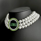 Sorority Society Green Rhinestone Charm 3-Layer Pearl Necklace Choker