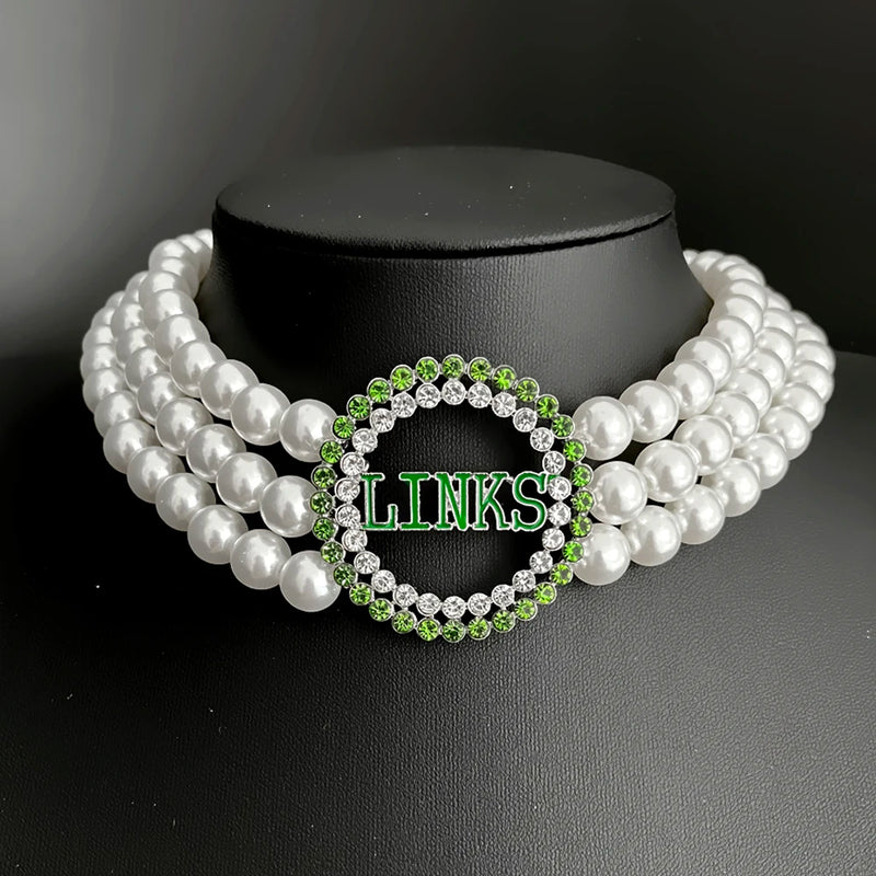 Sorority Society Green Rhinestone Charm 3-Layer Pearl Necklace Choker