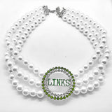 Sorority Society Green Rhinestone Charm 3-Layer Pearl Necklace Choker