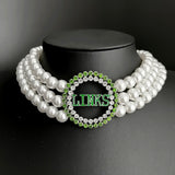 Sorority Society Green Rhinestone Charm 3-Layer Pearl Necklace Choker
