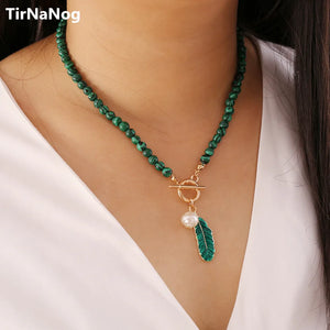 Vintage Leaves Pearl Drops Oil Necklace Fashionable Green Pendant Necklace