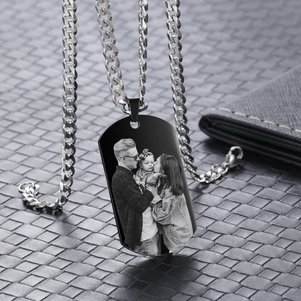 Custom Photo Necklace for Men Dad Picture Pendant Dog Tag Memorial