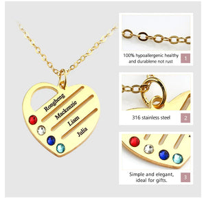 Personalized 12-Color Birthstone Heart Pendant Necklace with Family Names