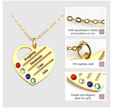 Personalized 12-Color Birthstone Heart Pendant Necklace with Family Names
