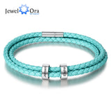 Personalized 2 Names Beads Charm Bracelets Engraved Stainless Steel Leather Gift