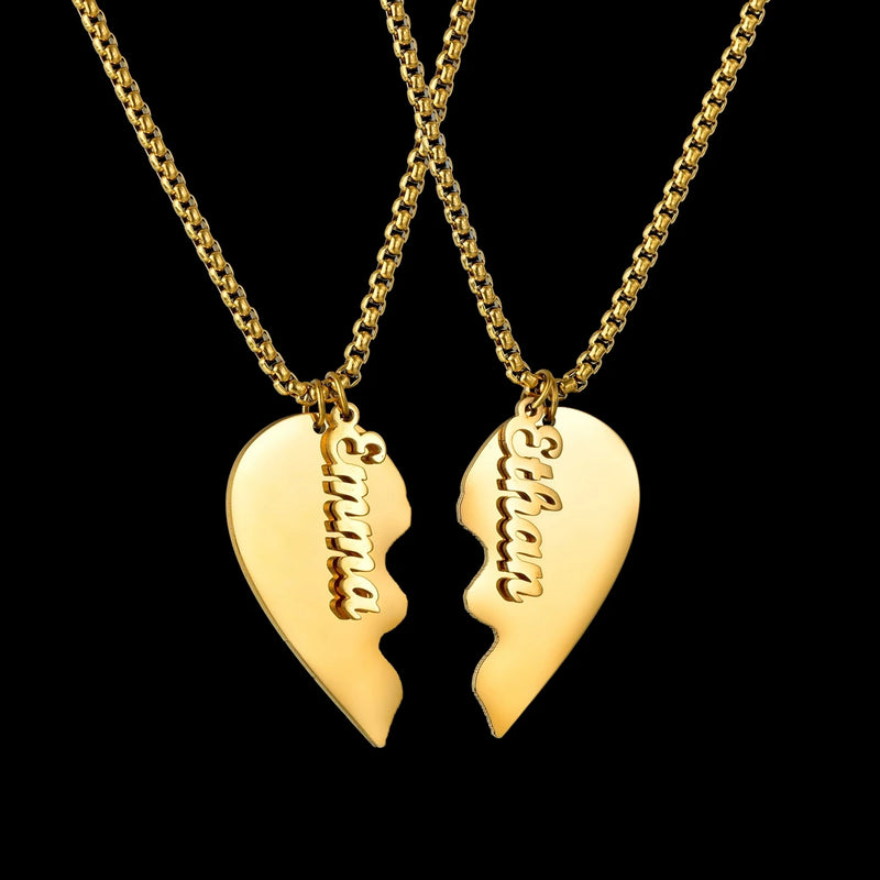 Personalized Heart Couple Pendant Name Necklace Set Stainless Steel