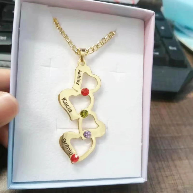 Personalized 3 Love Heart Hollow Pendant Necklace Birthstone Name Necklace Gift
