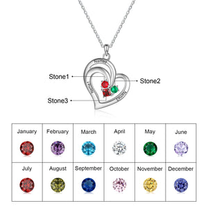Personalized 3 Names Heart Necklace with Birthstone Engraved Name Pendants
