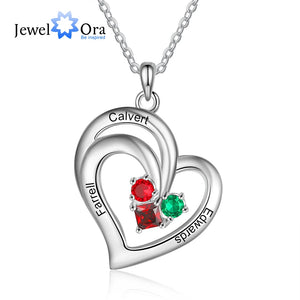 Personalized 3 Names Heart Necklace with Birthstone Engraved Name Pendants