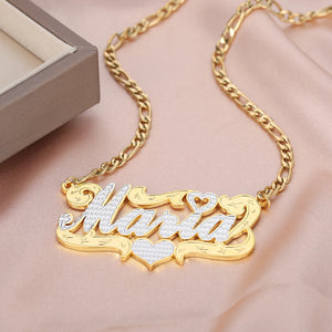 3D Hip-Hop Style Heart Name Necklace Chain Double Nameplate Pendant