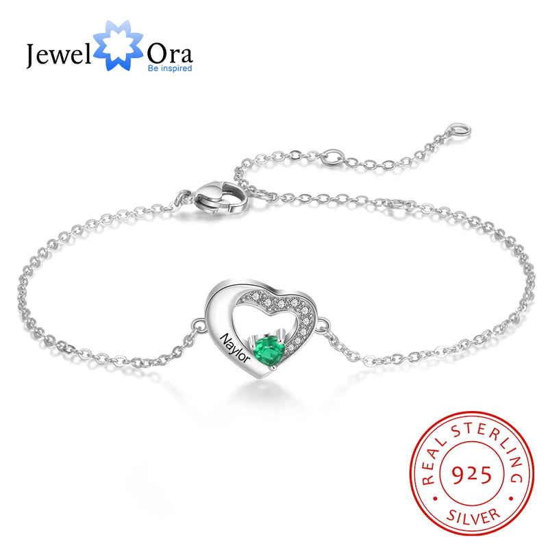 Personalized Name Bracelet with Birthstone for Women, Heart Chain Bracelet