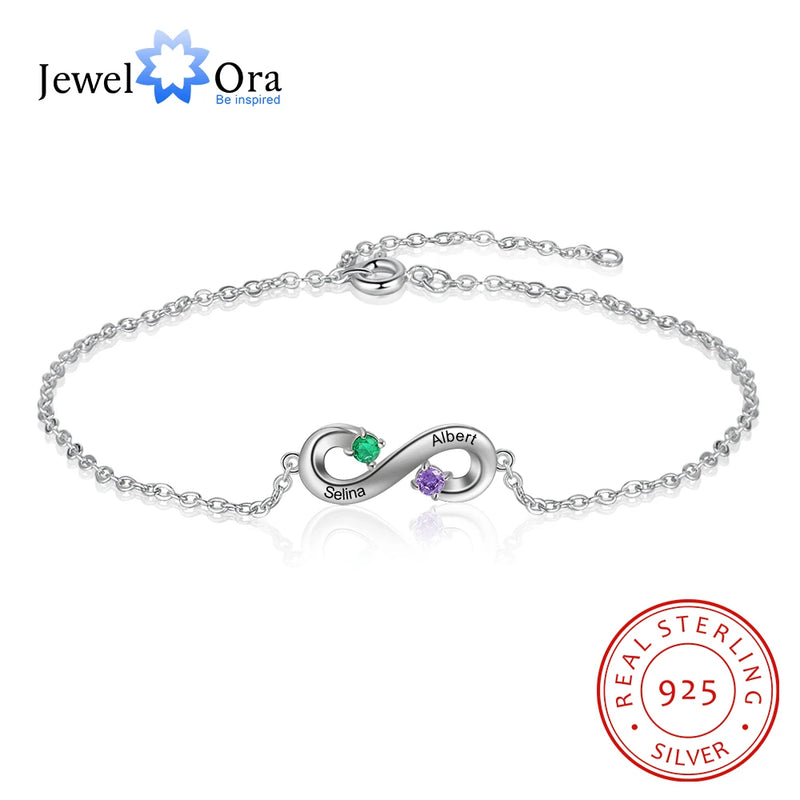 Personalized Engraved Name Mothers Bracelet Birthstone Infinity Chain Gift