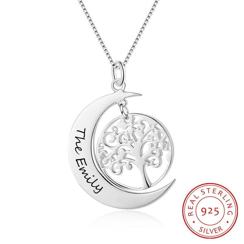 Personalized 925 Silver Necklace Vintage Style Half Moon Tree Pendant