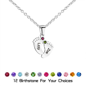 Personalized Baby Feet Name Necklace with Birthstone Mothers Jewelry Gift