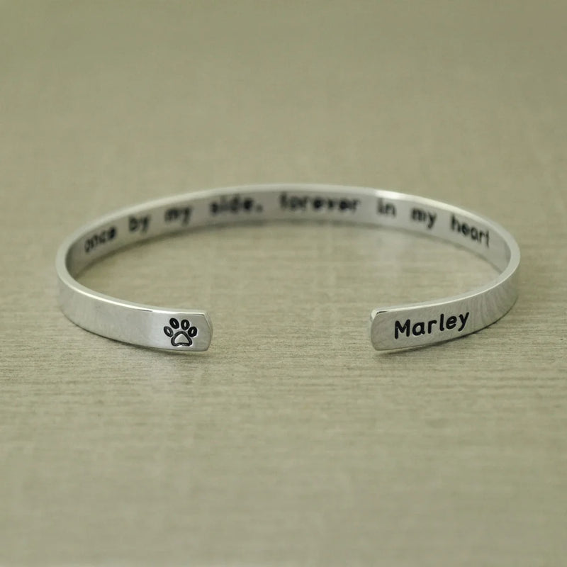 Engraved Dog Paw Prints Bangle Bracelet - Pet Memorial Gift