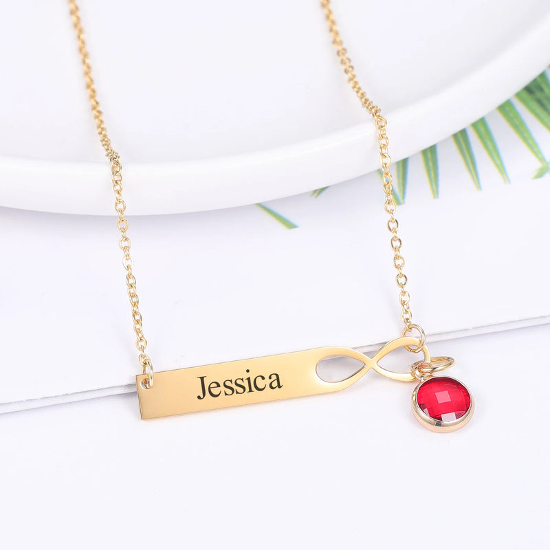 Personalized Birthstone Engraving Necklace Infinite Loop Stainless Steel Pendant