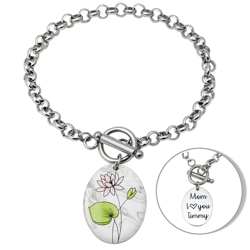 Custom Birth Flower Bracelet with Engraved Name for Mom