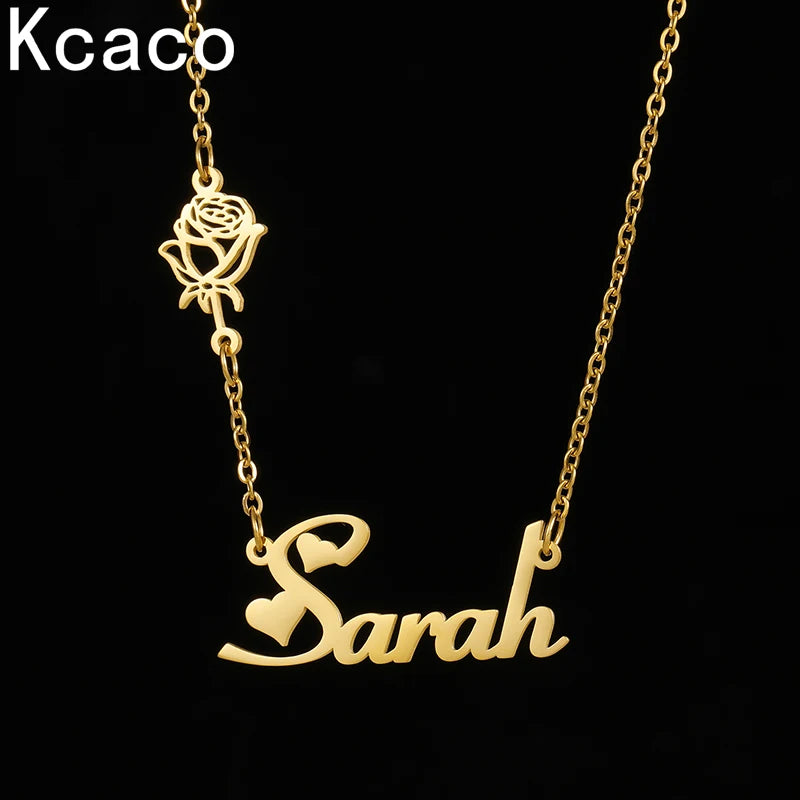 Personalized Birth Flower Chain Name Necklace Stainless Steel