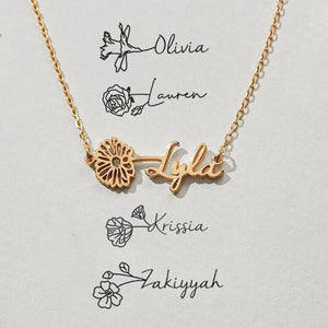 Personalized Birth Flower Name Necklace Stainless Steel for Women