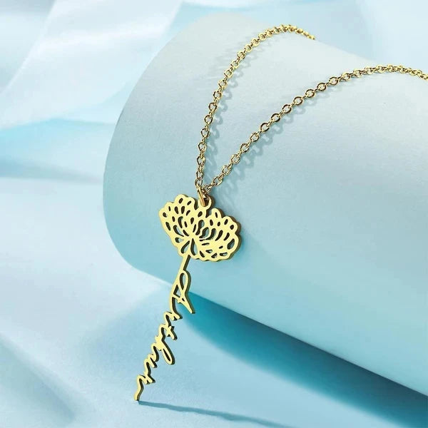 Personalized Birth Flower Necklace Name Necklace Stainless Steel