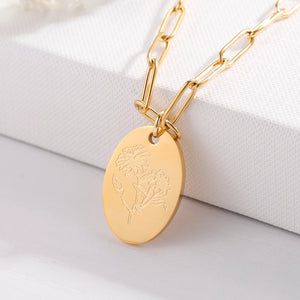 Personalized Birth Month Flower Necklace Oval Pendant