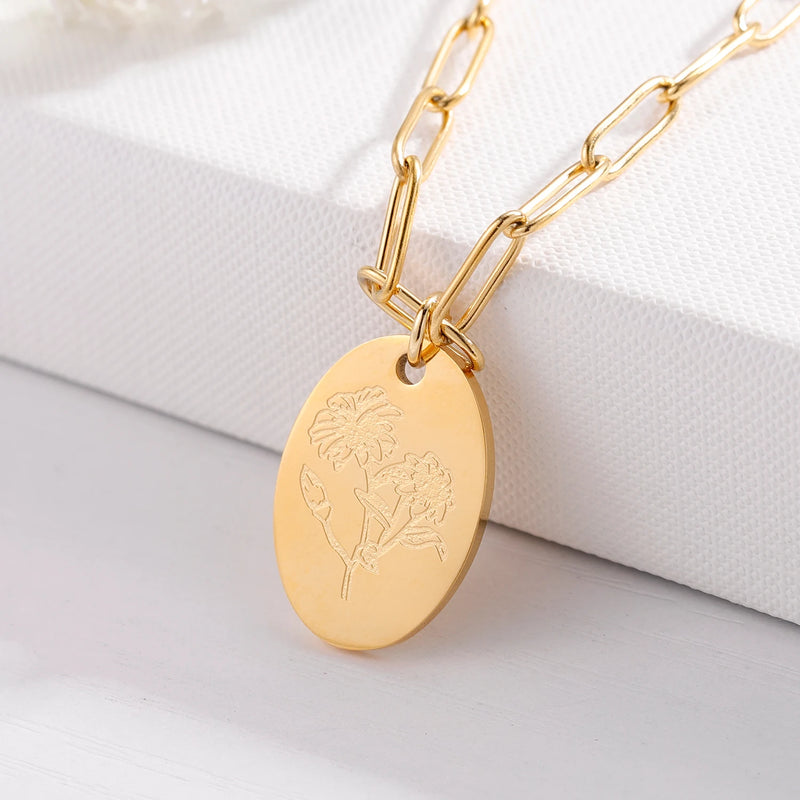 Personalized Birth Month Flower Necklace Oval Pendant