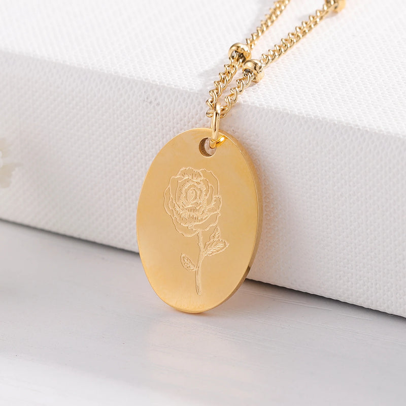 Personalized Birth Month Flower Necklace Disc Pendant Stainless Steel