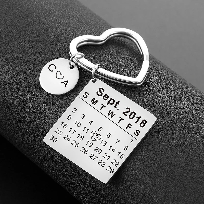 Personalized Birth Year Date Calendar Keychain Heart Keyring