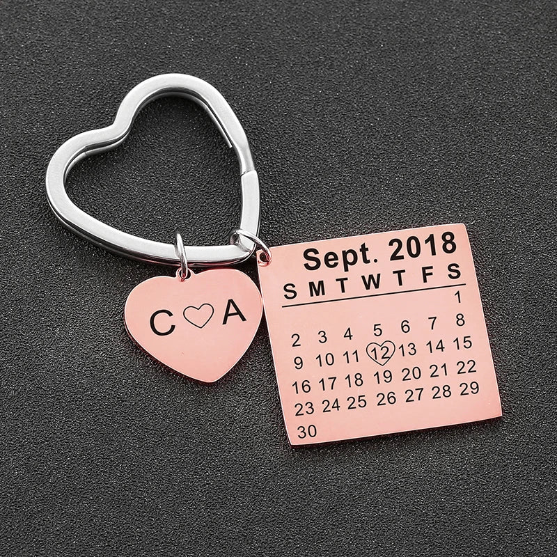 Personalized Birth Year Date Calendar Keychain Heart Keyring