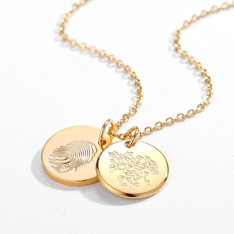 Personalized Birthday Flower Disc Necklace Engraved Date Fingerprint Necklace