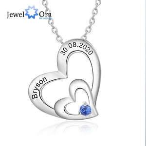Personalized Birthstone Double Heart Necklaces for Women with Engraved Name