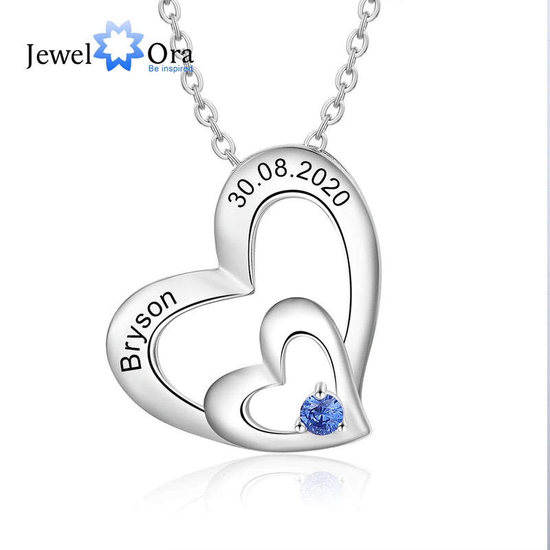 Personalized Birthstone Double Heart Necklaces for Women with Engraved Name