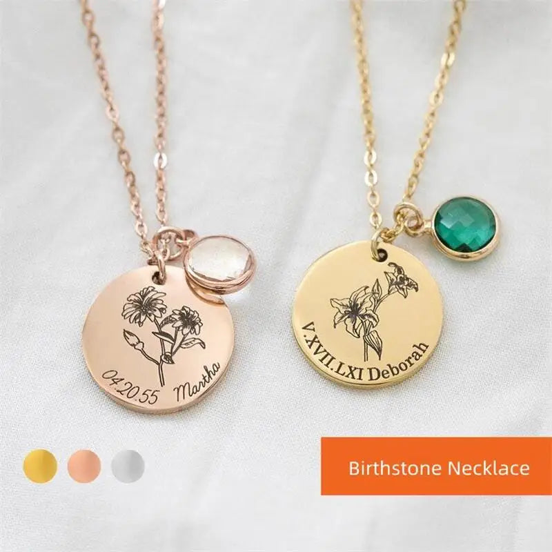 Personalized Birthstone Necklace Gift for Mom Grandma Flower Jewelry