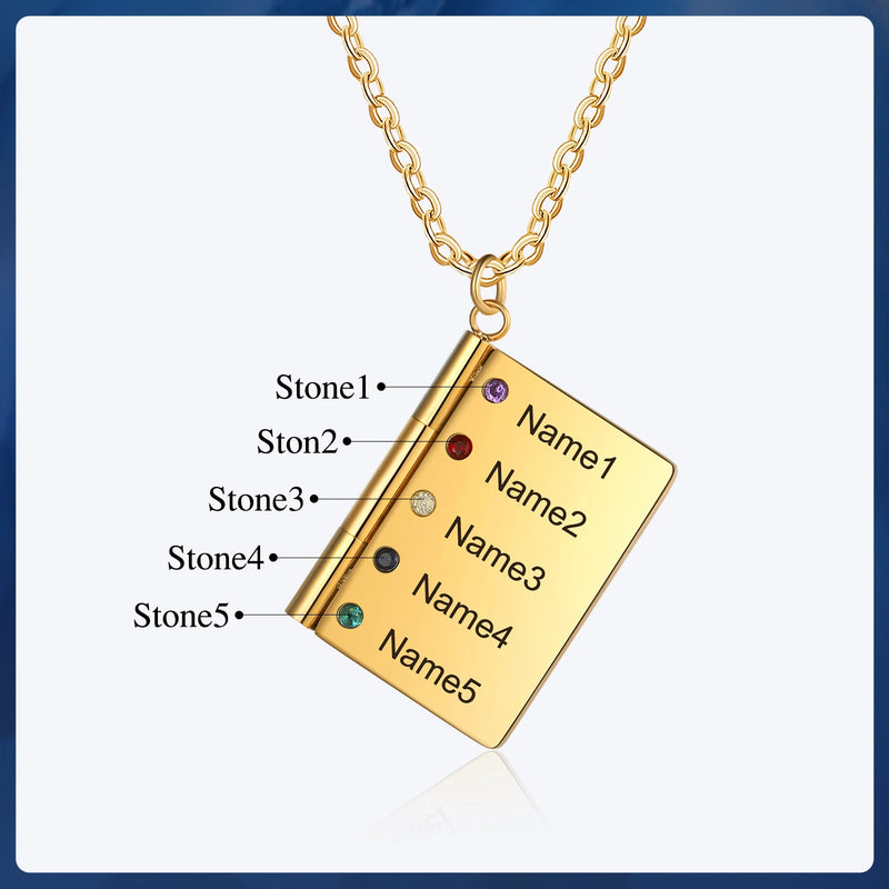 Personalized Book Pendant Necklace with Birthstones for Family
