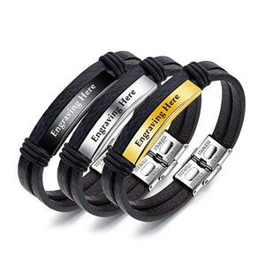 Custom Stainless Steel Bracelet for Men Engraved Name Leather Bangle 3 Colors